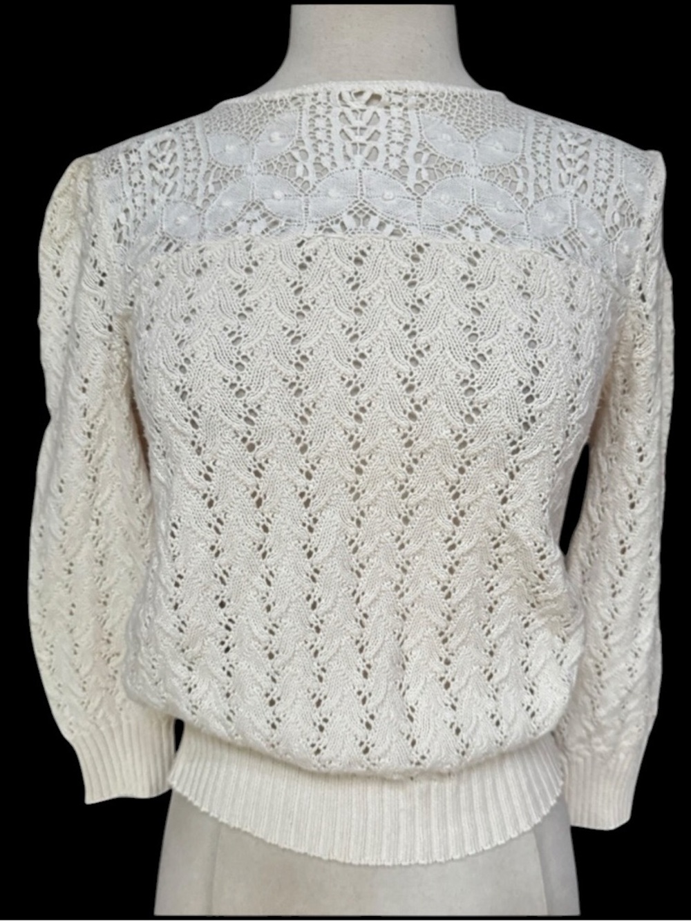 Late 1970s Ecru Cotton Blend Open-Knit w/Intricate Pointelle Design on Upper Che